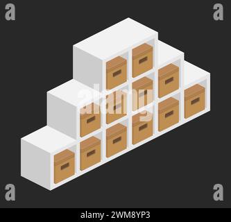 storage shelf bookcase with parcel boxes isometric vector flat illustration Stock Vector