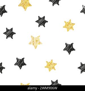 Seamless pattern with black and gold sparkling stars. Vector background with glittering elements Stock Vector