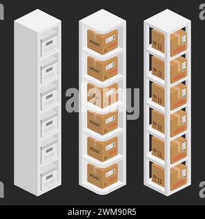 storage shelf bookcase with parcel boxes isometric vector flat illustration Stock Vector
