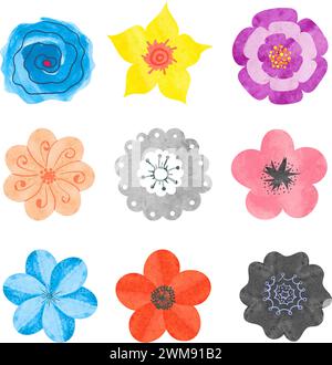 Collection of abstract watercolor flowers isolated on white background. Beautiful flowers set. Vector illustrations Stock Vector