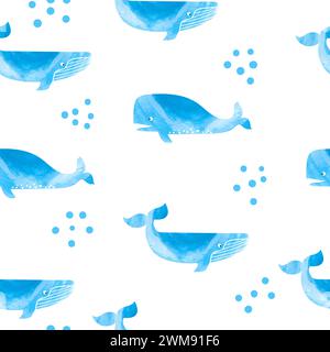 Cute watercolor whales seamless pattern. Vector repeating background Stock Vector