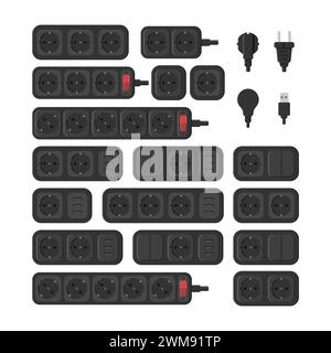 power outlet plug extension strip european type f vector flat illustration Stock Vector