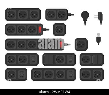 power outlet plug extension strip israeli type h set vector flat illustration Stock Vector