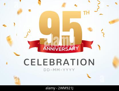 95 Anniversary gold numbers with golden confetti. Celebration 95th anniversary event party template Stock Vector