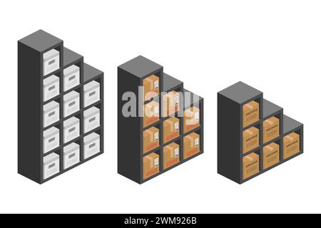 storage shelf bookcase with parcel boxes isometric vector flat illustration Stock Vector