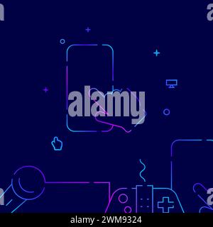 Smartphone with hand gradient line vector icon, simple illustration on a dark blue background, gadgets related bottom border. Stock Vector