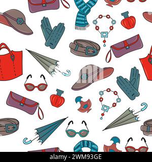 Woman accessories seamless pattern. Shopping background. Female accessories isolated on white. Colorful hand drawn vector illustration Stock Vector