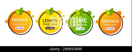 Juice fresh fruit label icon. Orange, lemon, lime, papaya healthy juice design sticker Stock Vector
