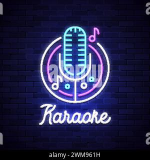 Karaoke neon night bar. Mocrophone karaoke logo sign disco music, neon light retro club sign Stock Vector