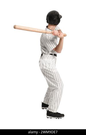 Baseball player taking swing with bat on white background, back view Stock Photo