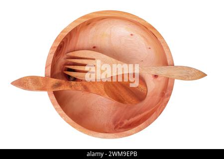 Wooden bowl with fork and spoon isolated on white background Stock Photo
