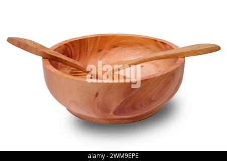 Wooden bowl with fork and spoon isolated on white background Stock Photo