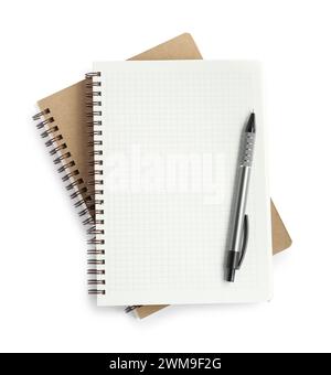 Two notebooks and pen isolated on white, top view Stock Photo