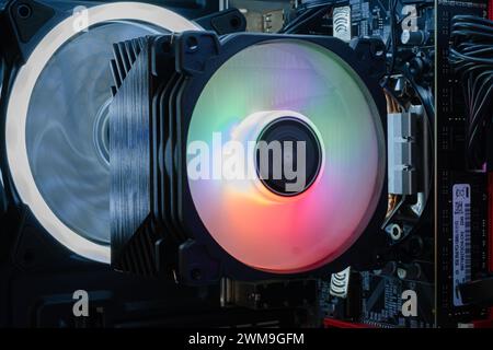 RGB computer cooling, cooling with color illumination in editing computers Stock Photo