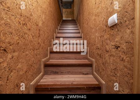 Interior staircase of a duplex residential house with walls covered in cork sheets Stock Photo