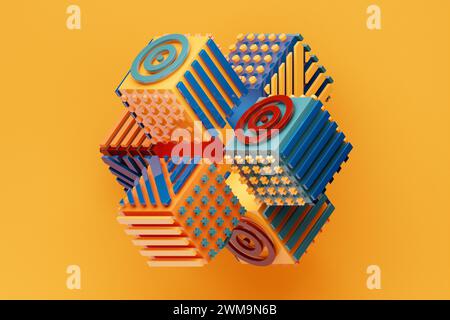 3D rendering, abstract bright figure with various patterns, shapes and various lines. Colorful creative wallpaper with layered effect Stock Photo