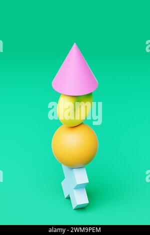 3d illustration of a pyramid of multi-colored geometric volumetric figures on a  green background Stock Photo