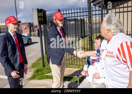 COLUMBIA, SOUTH CAROLINA - FEBRUARY 24: Supporters of Republican presidential candidate and former President Donald Trump line up outside the South Carolina Fairgroundswhere he will be holding a primary-night rally on February 24, 2024 in Columbia, South Carolina. Nikki Haley is facing off against former U.S. President Donald Trump in the South Carolina Republican primary. (Photo by Michael Nigro/Sipa USA) Credit: Sipa USA/Alamy Live News Stock Photo