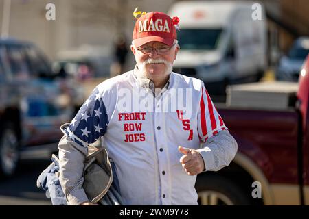 COLUMBIA, SOUTH CAROLINA - FEBRUARY 24: Supporters of Republican presidential candidate and former President Donald Trump line up outside the South Carolina Fairgroundswhere he will be holding a primary-night rally on February 24, 2024 in Columbia, South Carolina. Nikki Haley is facing off against former U.S. President Donald Trump in the South Carolina Republican primary. (Photo by Michael Nigro/Sipa USA) Credit: Sipa USA/Alamy Live News Stock Photo