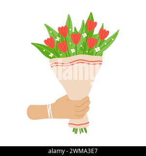 Hand icon holding bouquet with tulips. Hand drawn flat cartoon element. Vector illustration Stock Vector