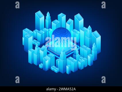 Smart city technology has a processor chip in the middle of the city. A smart city is a city that uses technology to help manage the living and econom Stock Vector