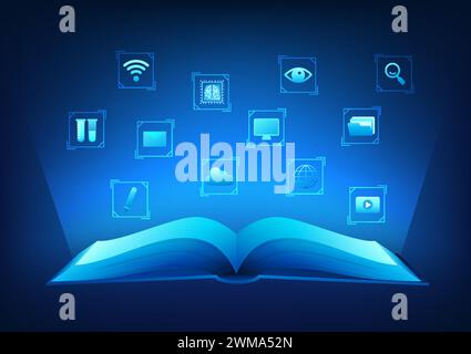 Modern educational technology Books connected with technology icons represent modern education combined with technology. online learning Online books Stock Vector