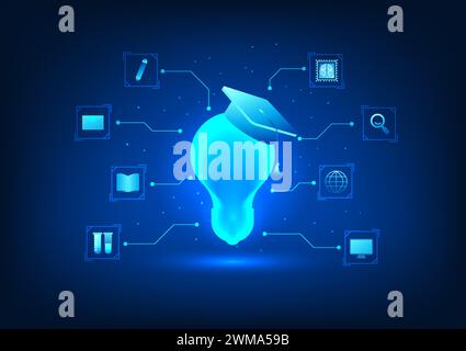 Modern educational technology Light bulb and degree cap connected icon It represents modern education, finding ideas, combining with technology. onlin Stock Vector