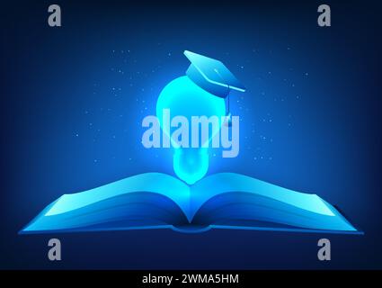 modern educational technology Book with light bulb and graduation cap It represents modern education, finding ideas, combining with technology. online Stock Vector