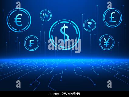 various foreign currency technology background with technology cycle It represents a new era of finance that comes in the electronic money system. by Stock Vector