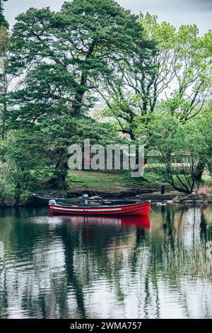Moored boats on river in Killarney National Park, Ireland. High quality photo Stock Photo