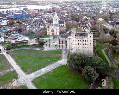 aerial view of Rochester castle dating from the 12th C  and the cathedral in Rochester Kent Stock Photo
