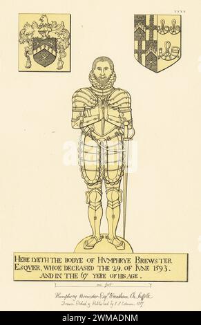 Monumental brass of Humphrey Brewster, lord of Wrentham Hall, married Alice Forster, died 1593. In ruff collar and suit of Elizabethan armour, with coats of arms of Brewster (L) and Brewster impaling Forster (R) in St. Nicholas's church, Wrentham, Suffolk. Handtinted copperplate engraving drawn, etched and published by John Sell Cotman in Engravings of the Most Remarkable of the Sepulchral Brasses in Suffolk, Henry Bohn, London, 1818. Stock Photo