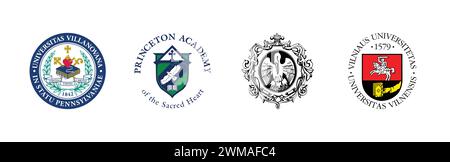 Princeton Academy of the Sacred Heart, Herzen University, Vilnius University, Villanova University Seal,Popular brand logo collection. Stock Vector