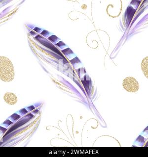 Seamless watercolor pattern with purple pheasant feathers. Luxury design. Ideal for textiles, packaging, printing. Stock Photo