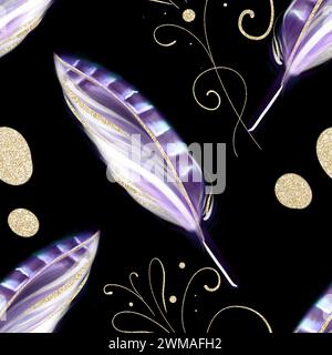 Seamless watercolor pattern with purple pheasant feathers on black background. Luxury design. Ideal for textiles, packaging, printing. Stock Photo