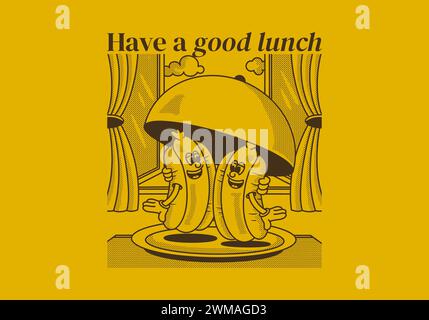 Have a good lunch. Mascot character illustration of two hot dog on the plate with happy face Stock Vector