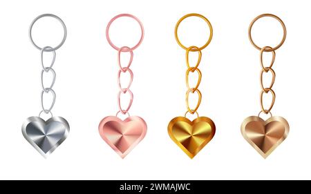 A set of copper, bronze, gold or brass, silver or steel, pink gold keychains in the shape of a heart, isolated on white. Stock Vector