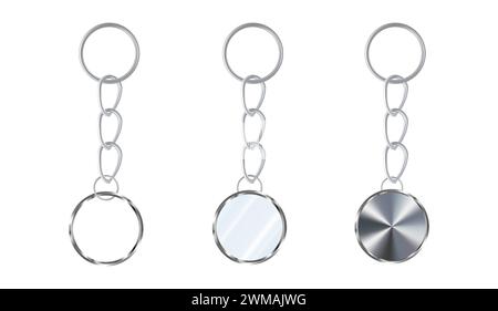 A set of silver or steel keychains in the shape of a circle. Metal key holders isolated on white. Realistic vector. Stock Vector