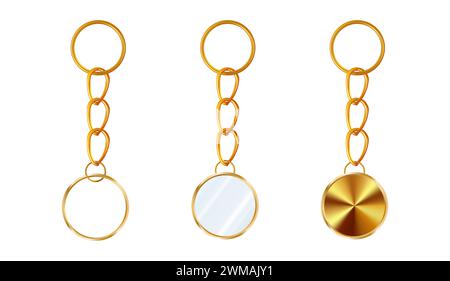 A set of gold or brass key chains in the shape of a circle. Metal key holders isolated on white background. Stock Vector