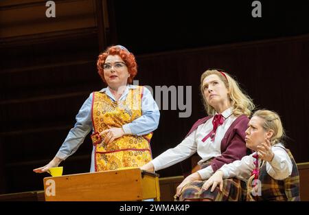 l-r: Rebecca Evans (Despina), Kayleigh Decker (Dorabella), Sophie Bevan (Fiordiligi) in COSI FAN TUTTE at Welsh National Opera (WNO), Wales Millennium Centre, Cardiff, Wales  24/02/2024  music: Mozart  libretto: da Ponte  conductor: Tomas Hanus  design: Jemima Robinson  lighting: Mark Jonathan  movement: Michael Spenceley  director: Max Hoehn Stock Photo