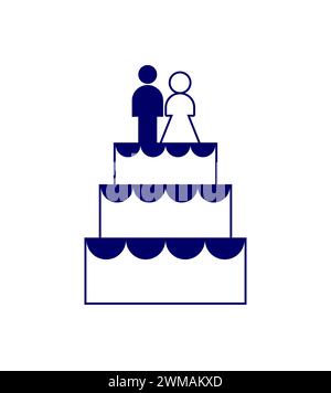 Large wedding cake and newlyweds figurines sign. Refreshment for wedding icon Stock Vector