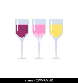 Glasses with wine set. Red wine, white and rose alcoholic beverage Stock Vector