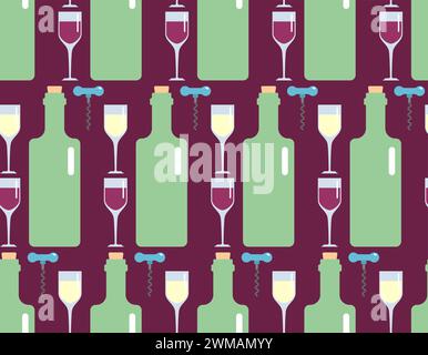 Wine Pattern seamless. Bottle of liquor and glass of wine and corkscrew Background. Ornament for Liquor store Stock Vector