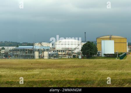 Large storage tanks and a network of pipes dominate the industrial landscape at an oil refinery under a cloudy sky. A field of tall grasses in the for Stock Photo