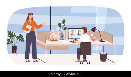Scene with work process vector concept of workflow efficiency Stock Vector