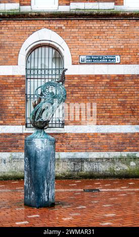 Rory Gallagher Monument by Geraldine Creedon, in Rory Gallagher Place in Cork, Ireland, with a sculpture in honor of the Irish blues and rock musician Stock Photo