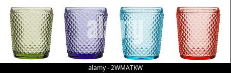 A set of glasses of different colors for drinking water, juices, milk and various drinks. File contains clipping path. Stock Photo