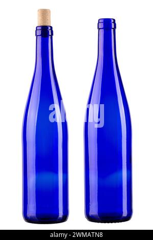 Two blue bottles, one with a cork, the other without isolated on white background. Vertically standing wine bottle. File contains clipping path. Full Stock Photo