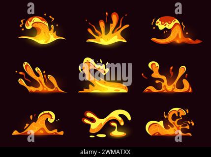 Lava splash game effect. Cartoon magma splash animation, bloody molten blob splash motion graphic for game asset. Vector hot lava in motion set Stock Vector