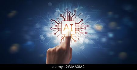 Human hand touching an AI chip, Artificial Intelligence background Stock Photo